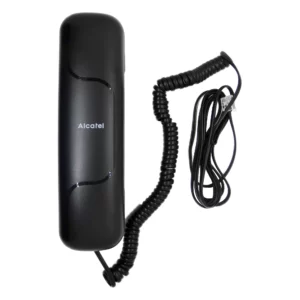Alcatel auricular telefónico negro en vista frontal; handset con cable espiral y conector telefónico transparente visible