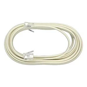 Dairu TCOM-0115 cable telefónico plano beige, enrollado; conectores RJ11 macho transparentes en ambos extremos con pestañas de liberación y fondo blanco. Cable extensión de teléfono.