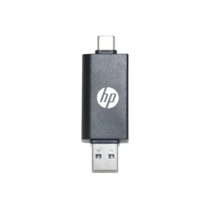 Memoria USB HP DHC-CT112 negra, vista frontal; cuerpo rectangular, conector USB-C metálico sobresaliendo en la parte superior y conector USB-A metálico extendido en la parte inferior; fondo blanco. Adaptador lector de tarjeta 2 en 1.