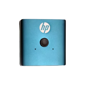Dispositivo HP DHC-HD01V azul metálico, vista frontal; cuerpo rectangular compacto de bordes redondeados; botón circular negro al centro con dos orificios pequeños a sus lados; laterales en negro y fondo blanco. Switch HDMI.