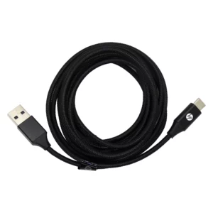 HP DHC-TC102-3M cable USB-A a USB-C trenzado negro de 3 m, enrollado; conector USB-A a la izquierda y USB-C a la derecha; funda de nylon y fondo blanco. cable USB tipo-A / tipo-C.