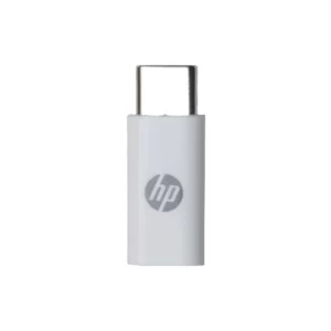 HP HP036GBWHT0TW blanco, vista frontal; adaptador compacto con carcasa rectangular de bordes redondeados, conector USB-C metálico expuesto en la parte superior; fondo blanco. Adaptador dongle USB tipo c / micro USB.