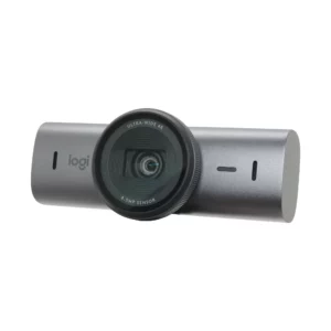 Logitech VU0066 cámara web 4K ultra wide con sensor 8.5 MP en color gris; vista frontal con lente central sobre fondo blanco
