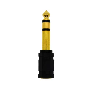Macrotel adaptador de audio plug 6,3 mm en vista frontal; conector metálico dorado con anillos aislantes y cuerpo plástico negro estriado