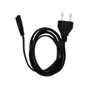 Macrotel cable de poder negro con enchufe europeo de 2 pines y conector hembra tipo figura 8 en vista frontal; cable de alimentación para radio, consola o equipo electrónico