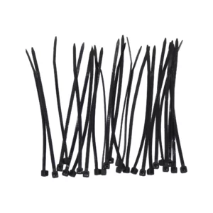 Macrotel bridas plásticas negras para cables en vista frontal; tiras largas con cierre dentado y cabezal cuadrado visible