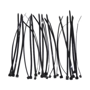 Macrotel bridas plásticas negras para cables en vista frontal; tiras largas con cierre dentado y cabezal rectangular visible