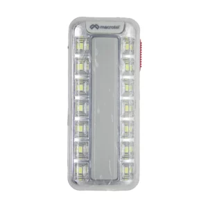 Lámpara de emergencia Macrotel MS-2600, vista frontal en posición vertical, con panel central rectangular gris y dos columnas laterales de 6 LEDs cuadrados en marcos transparentes; logotipo “macrotel” en la parte superior y costado derecho con interruptor rojo estriado; sobre fondo blanco. Lampara de emergencia.