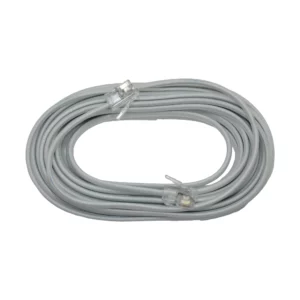 Macrotel MT-0335 cable telefónico gris con conectores RJ11 macho en ambos extremos; cordón de línea para teléfono fijo enrollado en vista frontal