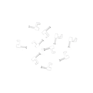 Macrotel grapas sujetacable plásticas blancas en vista superior; clavos metálicos integrados y diseño angular para fijación de cables