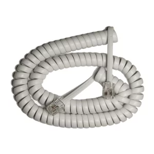 Macrotel cable telefónico espiral gris con conectores RJ11 en vista frontal; cordón extensible para auricular de teléfono fijo