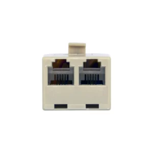 Macrotel MT-1335 adaptador telefónico doble con dos puertos RJ11 hembra en color beige; divisor de línea para teléfono fijo en vista frontal