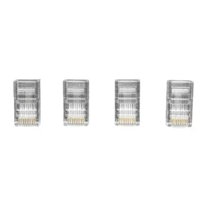 Macrotel MT-5050 conectores RJ45 8P8C transparentes, cuatro unidades en fila; vista frontal con pestaña superior; pines dorados visibles y fondo blanco. Conectores RJ45.