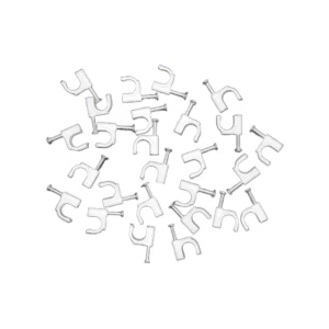 Macrotel grapas sujetacable plásticas blancas en vista superior; clavos metálicos integrados y forma semicircular para fijación de cables