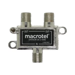 Macrotel divisor coaxial metálico de 2 vías en vista frontal; dos salidas OUT superiores y entrada IN inferior con rosca