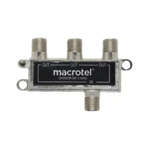 Macrotel divisor coaxial metálico de 3 vías en vista frontal; tres salidas OUT superiores y entrada IN inferior con rosca