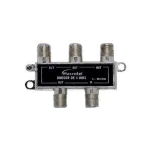 Macrotel divisor coaxial metálico de 4 vías en vista frontal; cuatro salidas OUT y una entrada IN con rosca