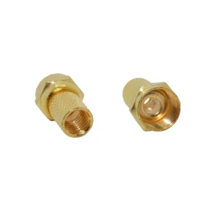 Macrotel adaptadores coaxiales F metálicos dorados en vista frontal; conectores hembra con rosca interna para cable coaxial