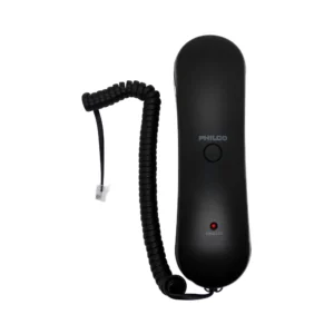 Philco auricular telefónico negro en vista frontal; handset con botón central, LED de timbre y cable espiral con conector telefónico visible