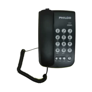 Philco teléfono fijo negro con teclado numérico en vista frontal; auricular integrado y cable espiral visible