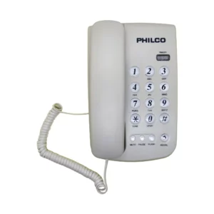 Philco teléfono fijo blanco con teclado numérico en vista frontal; auricular integrado y cable espiral visible