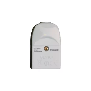 Adaptador Philco 78553 blanco, vista posterior vertical de carcasa con tornillo central dorado y fondo blanco.  Enchufe hembra.