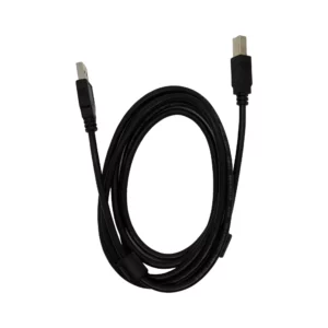 Philco 81947 cable USB-A a USB-B macho negro, enrollado; conector USB-A a la izquierda y USB-B a la derecha; con núcleo de ferrita y fondo blanco. Cable usb.