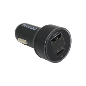 Philco cargador vehicular negro con puerto USB-A “Super” y puerto USB-C PD en vista frontal; adaptador para encendedor de automóvil con doble salida de carga