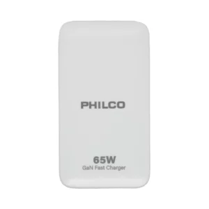 Cargador rápido Philco QC668 blanco ultra plano con texto Ultra Slim Type C Super Quick Charger, logotipo PHILCO al centro y enchufe europeo integrado. Cargador de pared.