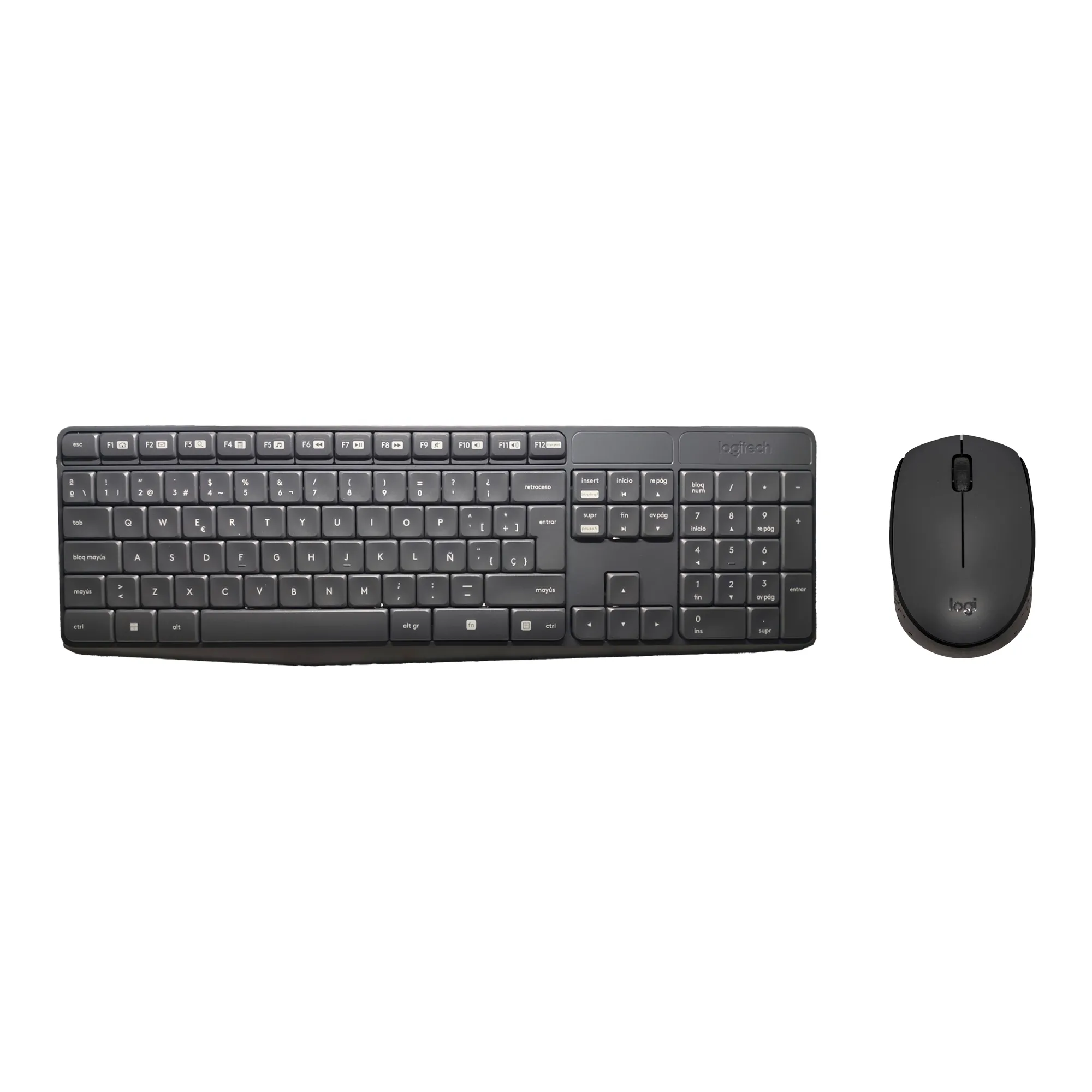 Combo Logitech inalámbrico gris con teclado QWERTY en español y mouse ambidiestro