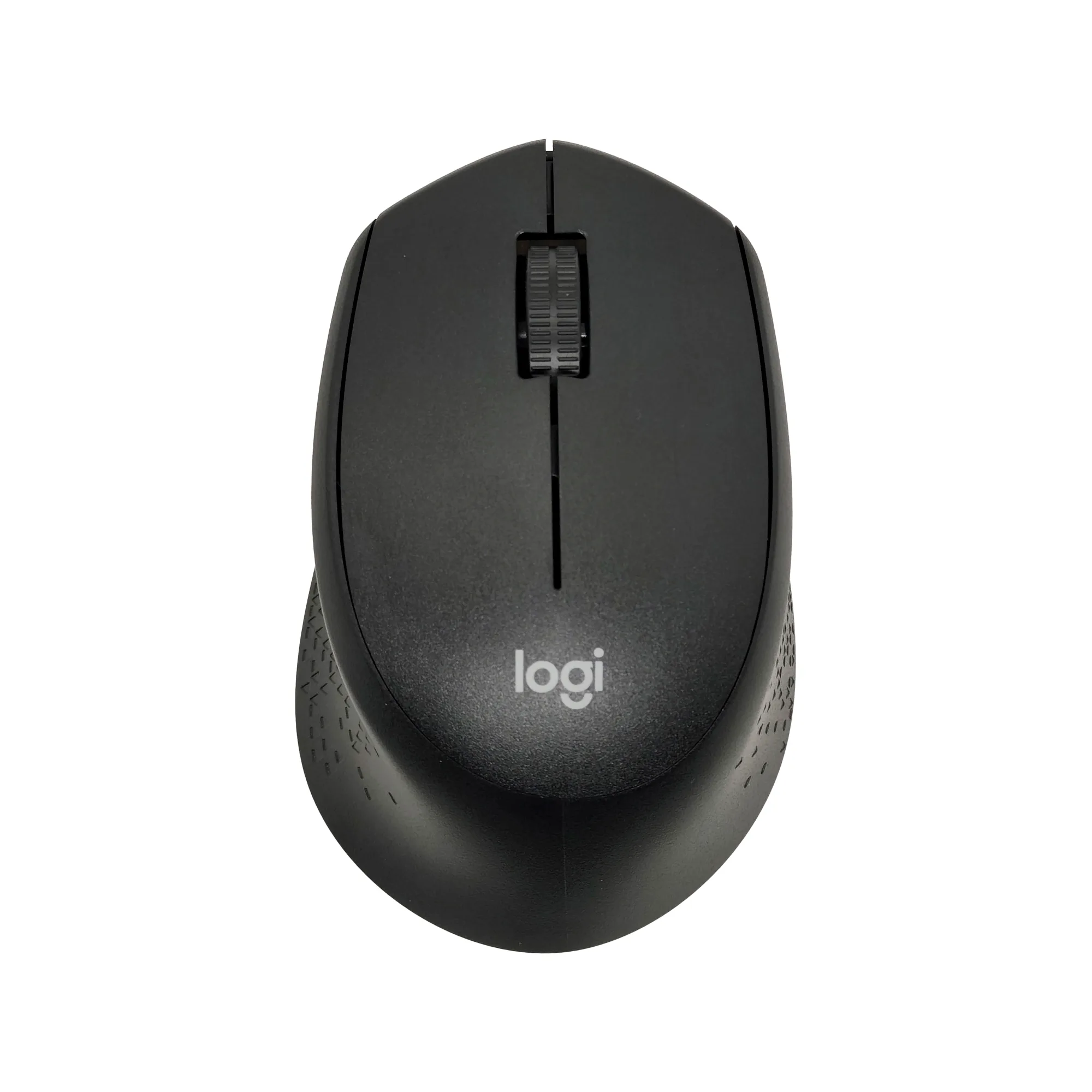 Mouse Logitech inalámbrico negro con nano receptor USB y diseño para mano derecha